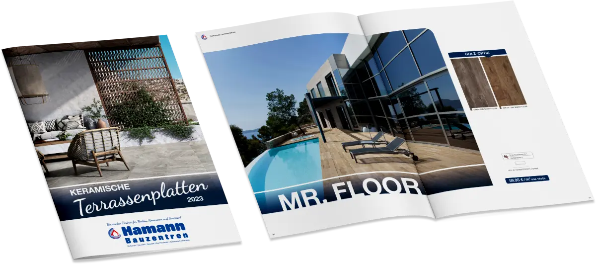 produktkatalog-printdesign Gedruckter Produktkatalog mit Terrassenplatten-Layouts und Bildern als Beispiel für professionelles Printdesign