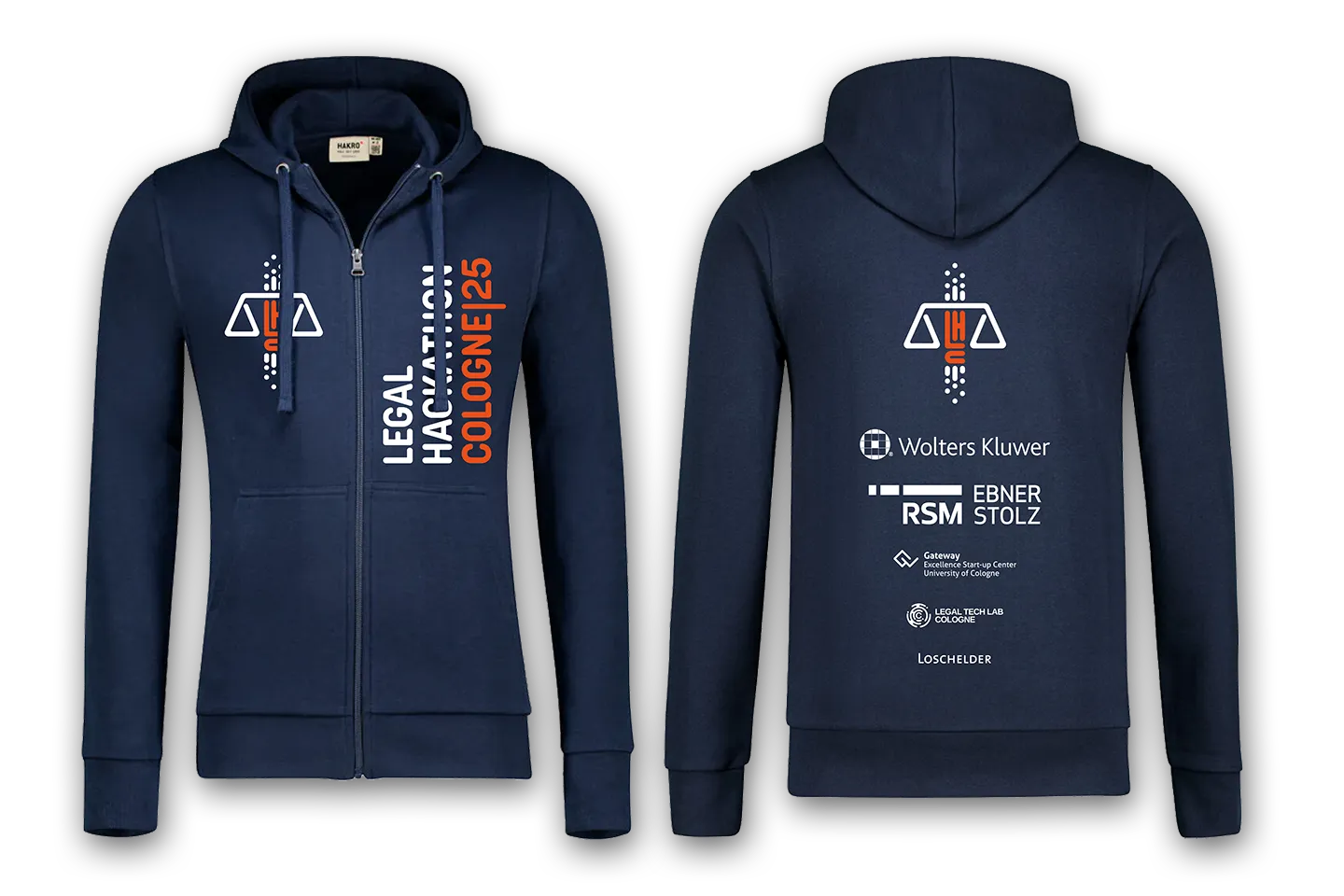 Hoodie Legal Hackathon Cologne 2025 Offizieller Hoodie des Legal Hackathon Cologne 2025 mit Sponsoren und Eventbranding