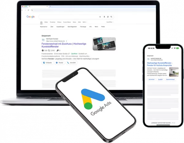Mockup-Darstellung einer Google Ads Projektübersicht mit verschiedenen Anzeigenkampagnen und Beispiel-Layouts.