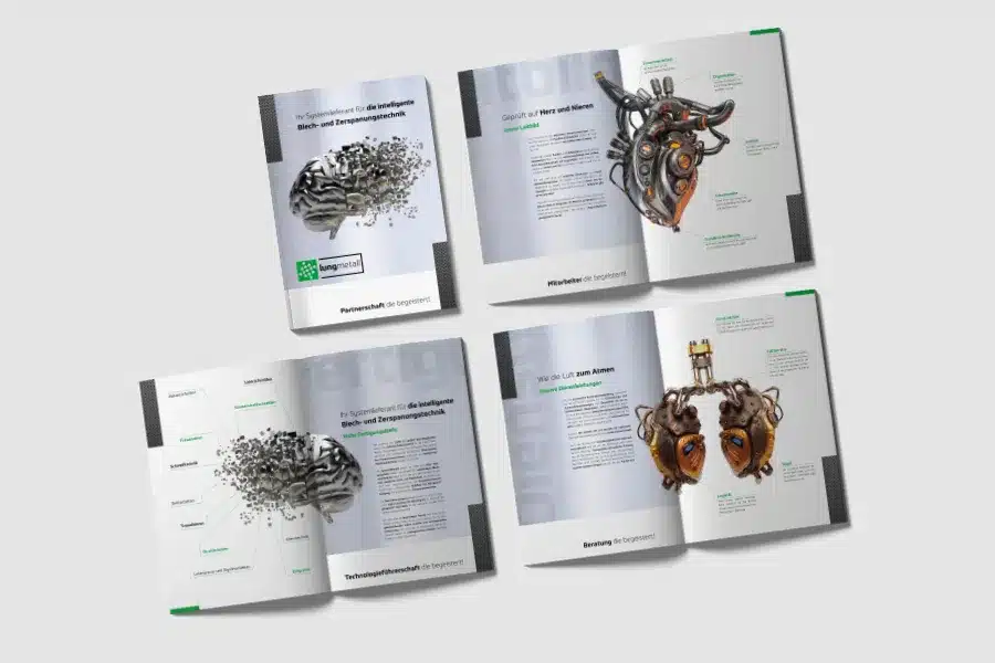 Imagebroschüre mit aufgeschlagenen Seiten und Design-Layouts als Beispiel für Corporate Design und Markenkommunikation