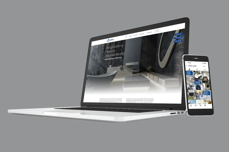 Mockup einer Website und Social Media-Darstellung auf digitalen Geräten, zeigt integriertes Corporate Design für Onlinepräsenz