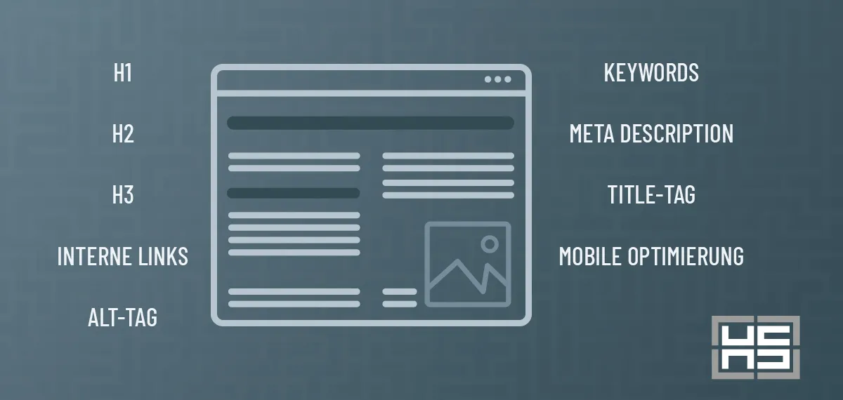 onpage-optimierung In einer BGrafik werden wichtige Elemente der OnPage-Optimierung dargestellt