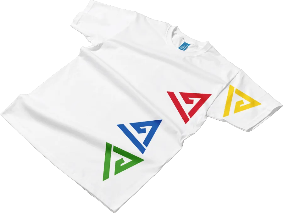 print-design-koblenz-textil Weißes T-Shirt mit bunten Logos bedruckt zeigt die Möglichkeiten von Print Design auf Textilien