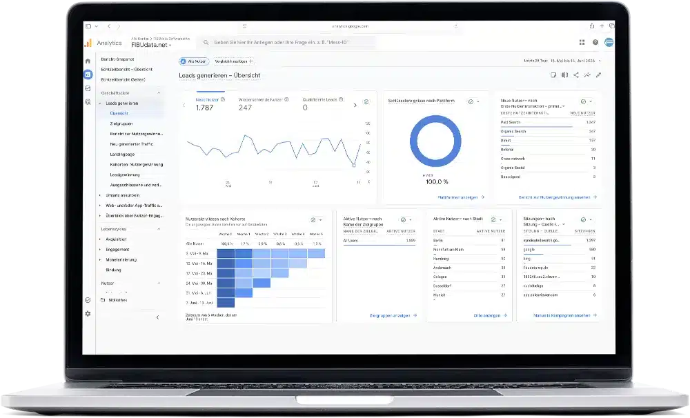 dashboard-reporting-koblenz Laptop mit Webanalyse-Dashboard für Leads und Conversion – professionelle Webanalyse Koblenz für Unternehmen.