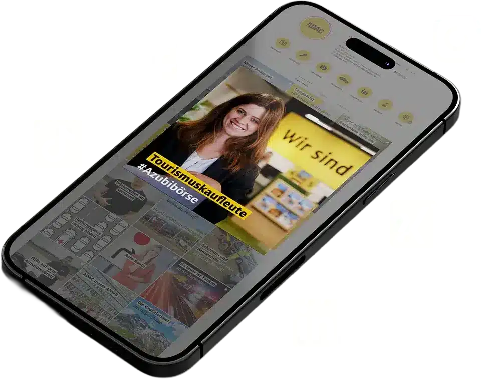 employer-branding-social-recruiting-neuwied Smartphone mit Social-Media-Post einer lächelnden Mitarbeiterin als Beispiel für Employer-Branding Neuwied im Recruiting